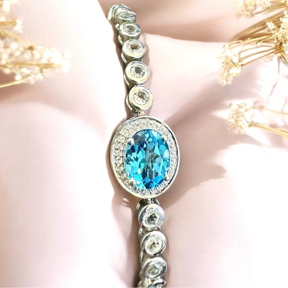 Swiss Blue Topaz / White Topaz Sterling Silver Bolo Bracelet - Picture 3 of 9